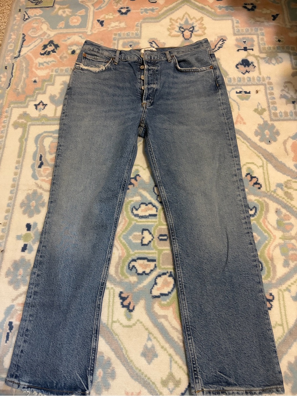Agolde Distressed High-Rise Cropped Straight Jeans in Light Blue